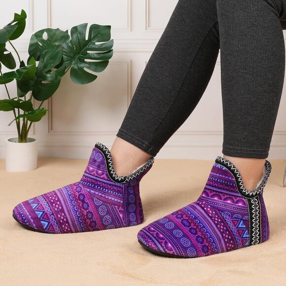Purple Bohemian Women's Warm Bootie Slippers - Cozy, Non-Slip Winter House Shoes - Picture 2 of 7